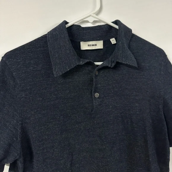 Buck Mason Polo Shirt Mens Medium Slim Fit Navy Blue Knit Short Sleeve Heathered - Picture 2 of 7